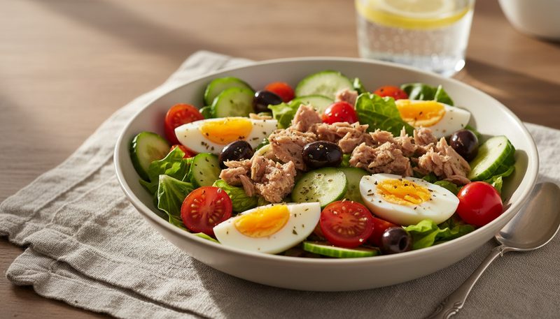 Salade composee au thon tomates oeuf durs olives dans un bol